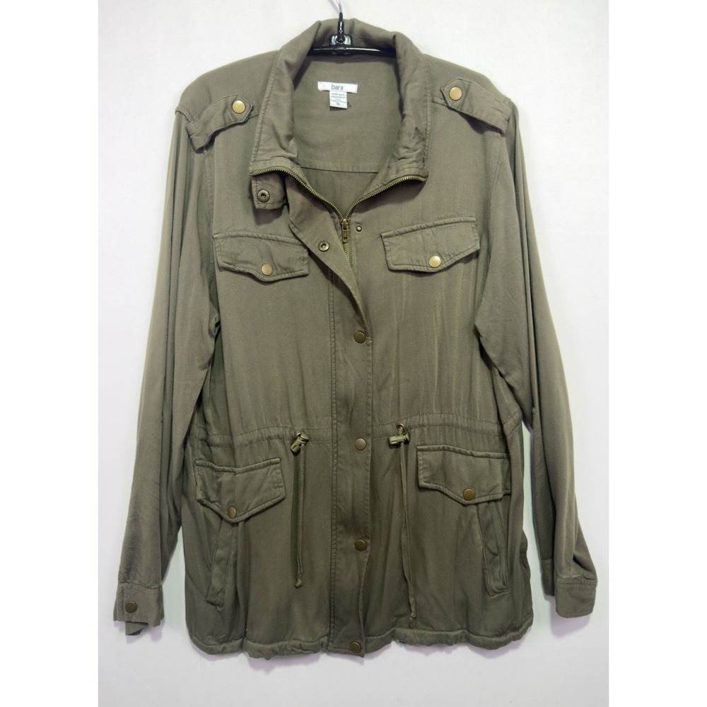 Bar III Utility Jacket Womens Zip Button Military Army Olive Green Pocket Large